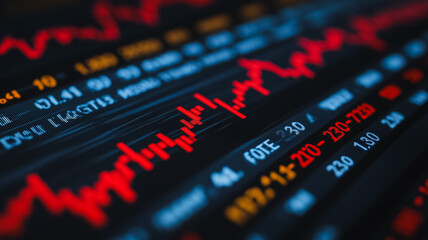 Poster - A close up of a stock market graph with red lines and numbers