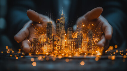 Poster - a hand is holding a cityscape with buildings and lights