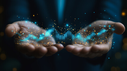 Wall Mural - A man is holding his hands up to show a graph of a stock market. The graph is blue and yellow, with the blue lines representing the stock prices. The man's hands are open wide