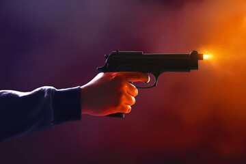 Hooded man holding a gun on dark smoke background