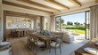 © somsri - Elegant and Modern Dining Room with Open Concept Design Overlooking Lush Green Landscape and Bright Natural Light Streaming Through Large Windows