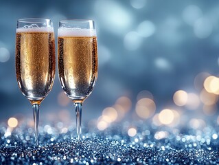 Champagne Glasses with Sparkling Bokeh Lights, Two elegant champagne glasses filled with bubbly, surrounded by shimmering blue and gold bokeh lights, perfect for celebrations.

