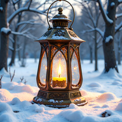 Wall Mural - magical glow of a lantern in a snowy landscape at dusk, photography of lighting concept.