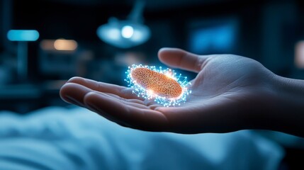 Poster - a hand holds a glowing, digital representation of a cell, symbolizing science, technology, and the f