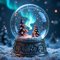 Wall Mural - enchanting snow globe capturing dancing northern lights and snow covered pines, digital art of fanta