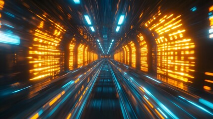 Poster - Futuristic speed travel digital tunnel 3d animation neon lights cyber environment high-speed perspective