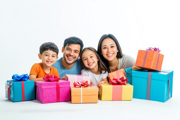 Dad and mom giving gift to children.