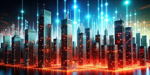 Poster - A vibrant futuristic cityscape illuminated by colorful lights, showcasing towering skyscrapers and digital elements.