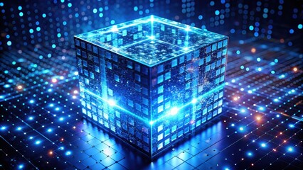 Fototapete - A glowing, digital cube surrounded by shimmering lights, representing advanced technology and data visualization.