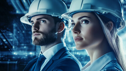 Wall Mural - Professional Engineers in Hard Hats Against a Futuristic Backdrop with Digital Patterns and Blue Tones Symbolizing Technology and Innovation