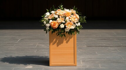 Wall Mural - A beautiful floral arrangement in an elegant wooden vase, featuring soft orange and white flowers, set against a simple, serene backdrop.