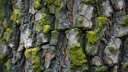 Close-up of tree bark texture with green moss and lichen.