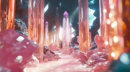 Poster - Exploring crystal caverns fantasy realm digital art enchanted environment immersive viewpoint magical concepts