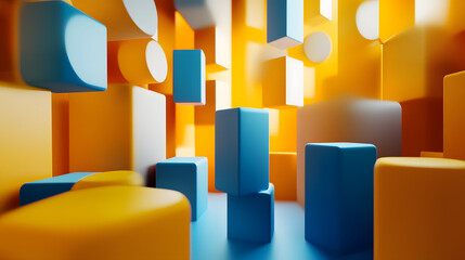 Fototapete - 
3d rendering of Yellow and blue abstract geometric background. Scene for advertising, technology, showcase, banner, game, sport, cosmetic, business, metaverse. Sci-Fi Illustration. Product display