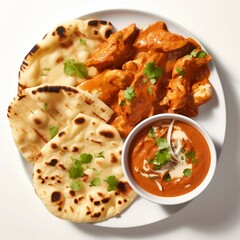 Wall Mural -  Butter Chicken and Naan, Isolated white background, flat lay