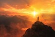 © sennauli - A lone figure stands on a mountain peak, silhouetted against a vibrant sunset with a dramatic mountain range in the background.
