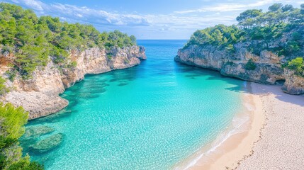 Canvas Print - Secluded cove with turquoise water, white sand beach, and green cliffs under a sunny sky.