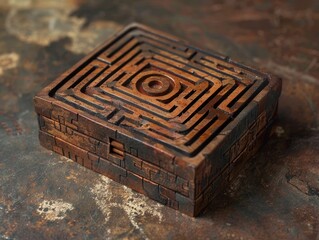A wooden box with a maze design carved into the top.
