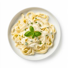 Wall Mural - Fettuccini Alfredo, Isolated on white background, flat lay