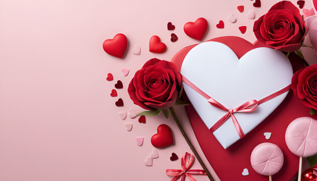 white and pink paper in shape of heart with cosmetic products and red roses on color background Valentines day celebration 