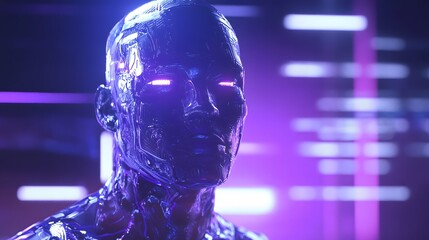 Poster - Futuristic robot model digital space 3d render neon environment close-up technology concept