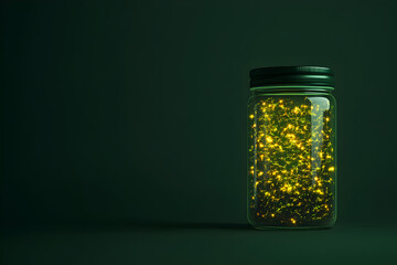 Wall Mural - A jar filled with glowing lights is on a green background. The jar is the main focus of the image, and the lights inside it create a warm and inviting atmosphere