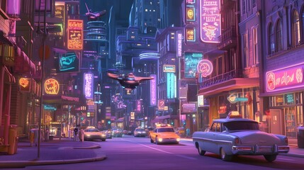 Poster - Futuristic nightlife exploration cyberpunk city digital art urban environment eye-level view neon vibes