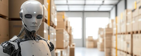 Aufkleber - Inventory management concept. A modern robot standing in a warehouse filled with stacked cardboard boxes.