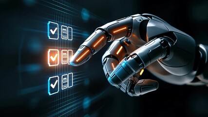Futuristic robotic hand interacts with digital interface, technology concept.