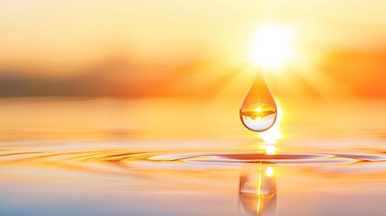 Poster - Macro natural idea. A water droplet reflecting sunlight over a serene landscape at sunrise.