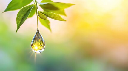 Poster - Macro natural idea. A vivid water droplet hanging from a green leaf, glistening in soft natural light.