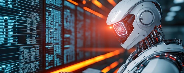 Aufkleber - Inventory management concept. Futuristic robot analyzing data in a high-tech environment, showcasing advanced design.