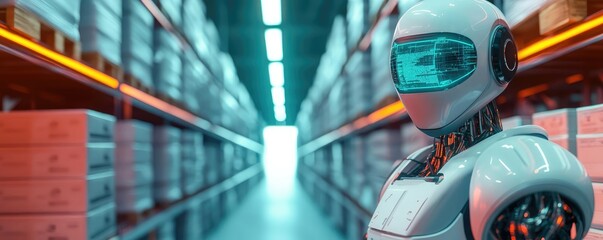 Poster - Inventory management concept. Futuristic robot in a high-tech warehouse with glowing shelf lights.