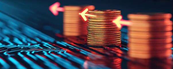 Poster - Capital cost concept. Stacks of coins representing financial growth in a digital environment.