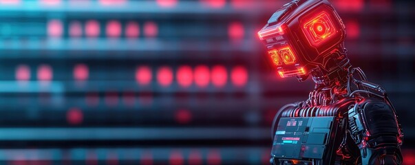 Aufkleber - Inventory management concept. Futuristic robot with a glowing red head and sleek design in a digital environment.