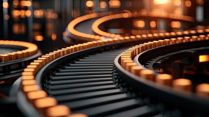 Poster - Inventory management concept. Close-up view of an industrial conveyor belt in motion, highlighting production efficiency.
