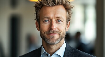 Confident businessman with a suit and a smile in a office background, He looking at the camera