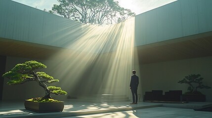 Poster - Sunlit Minimalist Home Office Surrounded by Bonsai Trees and Modern Furniture A Tranquil and Inspiring Workspace Design