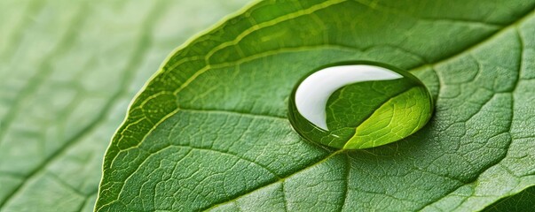 Poster - Macro natural idea. Close-up of a water droplet resting on a vibrant green leaf, showcasing nature's beauty.