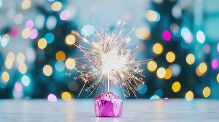 Canvas Print - Sparkling firework atop small pink gift on marble surface with bokeh background.