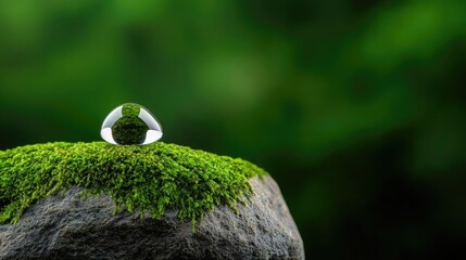 Poster - Macro natural idea. A dewdrop glistens on lush green moss, showcasing nature's beauty and tranquility.