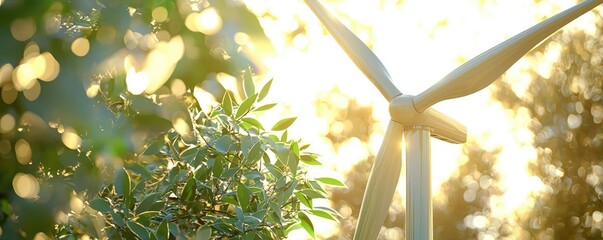 Poster - Macro natural idea. Clean energy production using a wind turbine surrounded by lush green leaves.