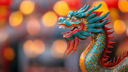 Wall Mural - Dragon dance and celebrating chinese new year heritage concept. Colorful dragon sculpture with blurred bokeh background.