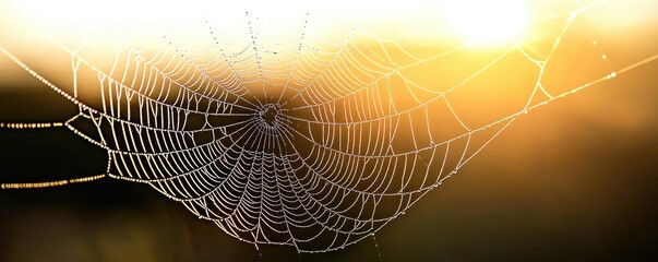 Macro natural idea. A delicate spider web glistens in the morning light, showcasing intricate patterns.