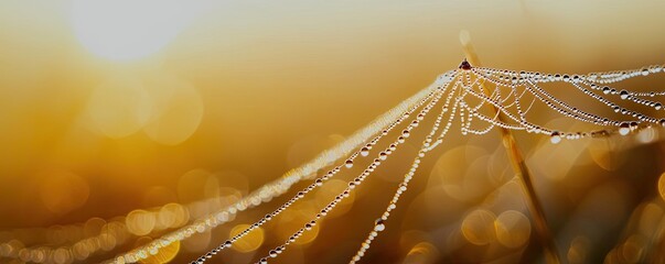 Poster - Macro natural idea. Glowing spider web adorned with morning dew, captured in golden sunlight.