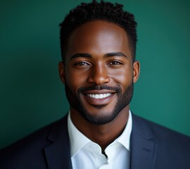 Portrait of a smiling, confident African American businessman in a suit, studio background