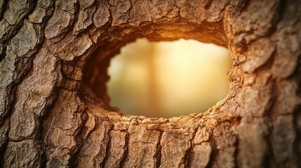 Poster - Macro natural idea. Close-up of a tree trunk with a hollow showcasing warm, soft light from behind.