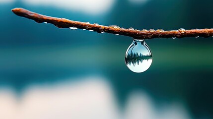 Poster - Macro natural idea. A close-up of a water droplet reflecting nature on a branch, showcasing serenity.