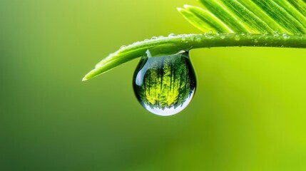Poster - Macro natural idea. Close-up of a dew drop on a green leaf, showcasing nature's beauty and freshness.