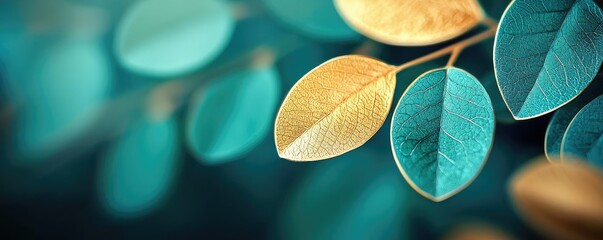 Poster - Micro foliage idea. A close-up view of vibrant green and golden leaves against a soft blurred background.